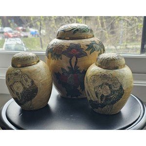 Lot of 3 Vintage Brass / Copper Raised Enamel Floral Ginger Jars Made in India